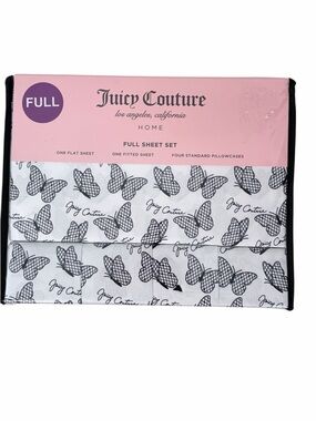 Juicy Couture Butterfly Print Full Sheet Set 6 Piece Bedding White Black Full